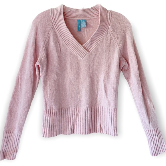 Set 2 Fresh Womens Juniors V-Neck Sweater Large Pink Blue Stretch Knit Tops L - Picture 3 of 16